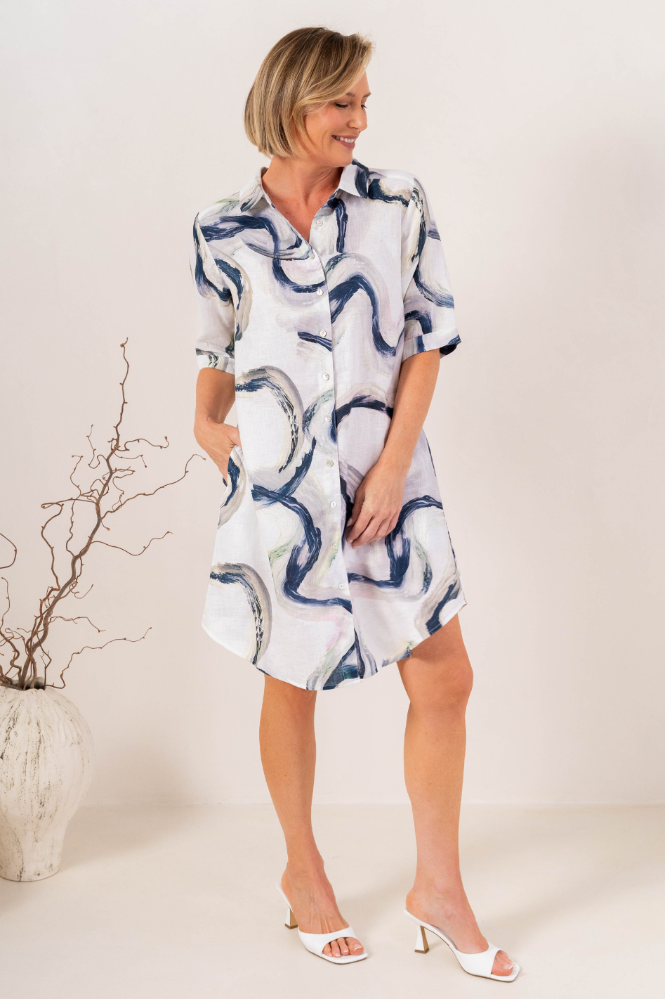 See Saw Linen Shirtmaker Dress in Riverstone Print