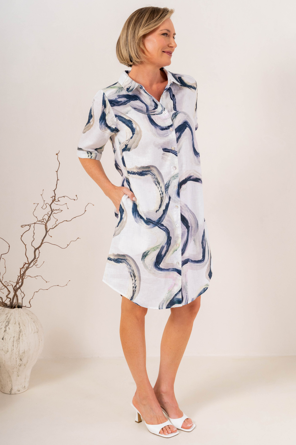 See Saw Linen Shirtmaker Dress in Riverstone Print
