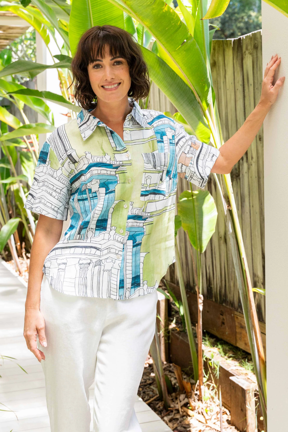 See Saw Linen Short Sleeve Shirt with Cuff in Rome Print