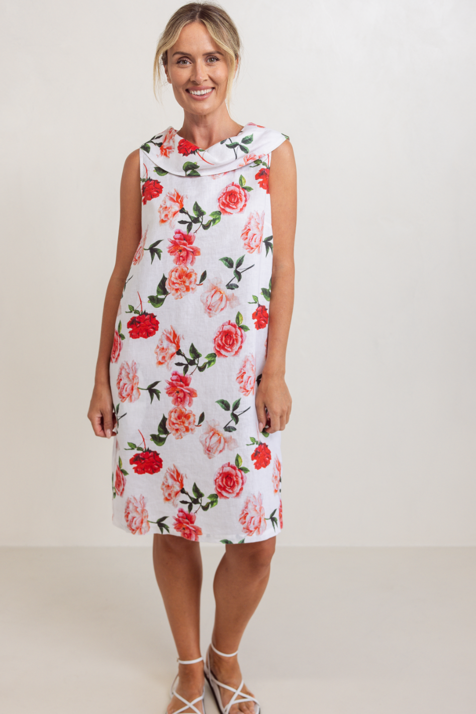 See Saw Linen Sleeveless Cowl Neck Dress in Roses Print