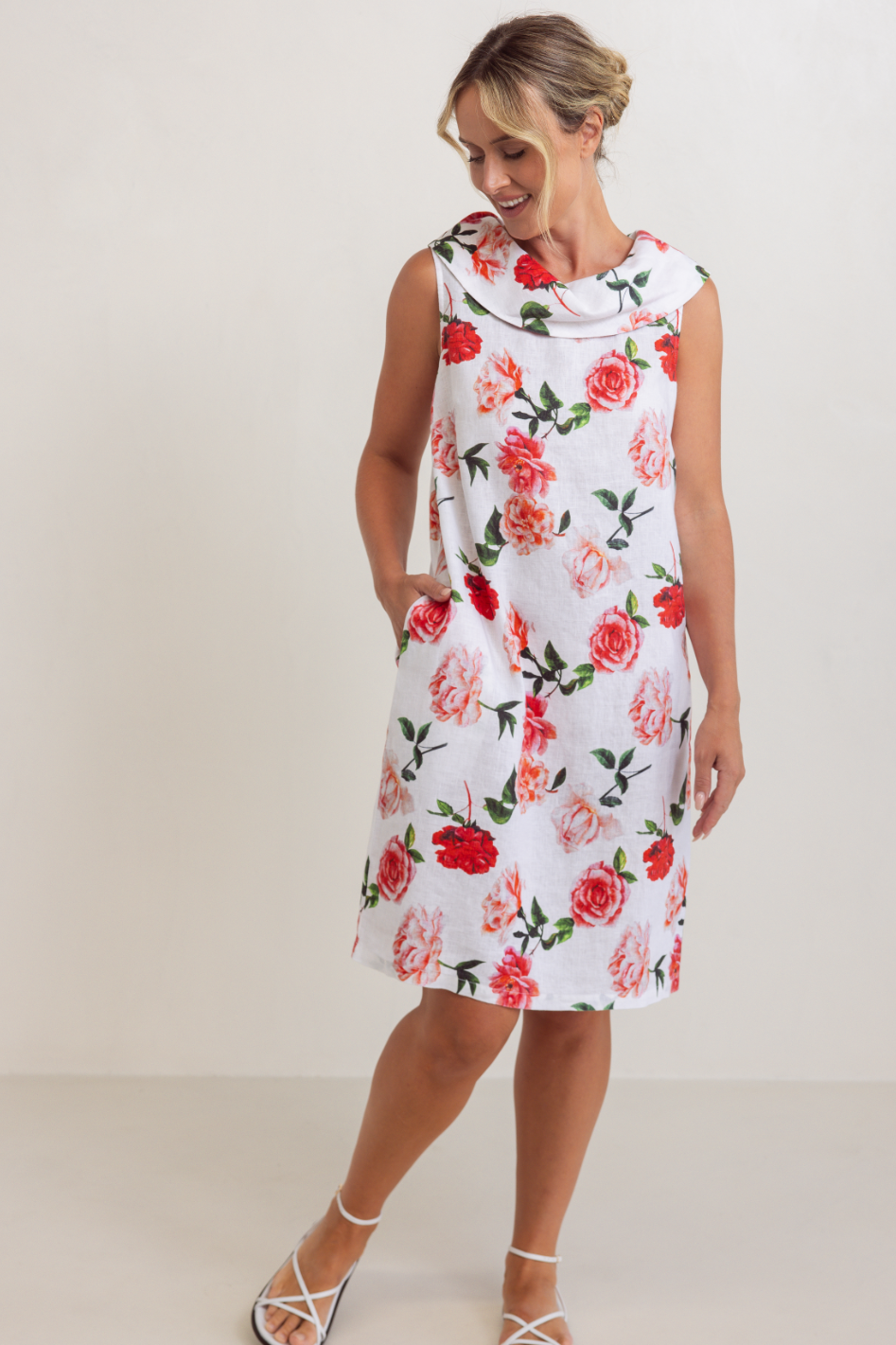 See Saw Linen Sleeveless Cowl Neck Dress in Roses Print