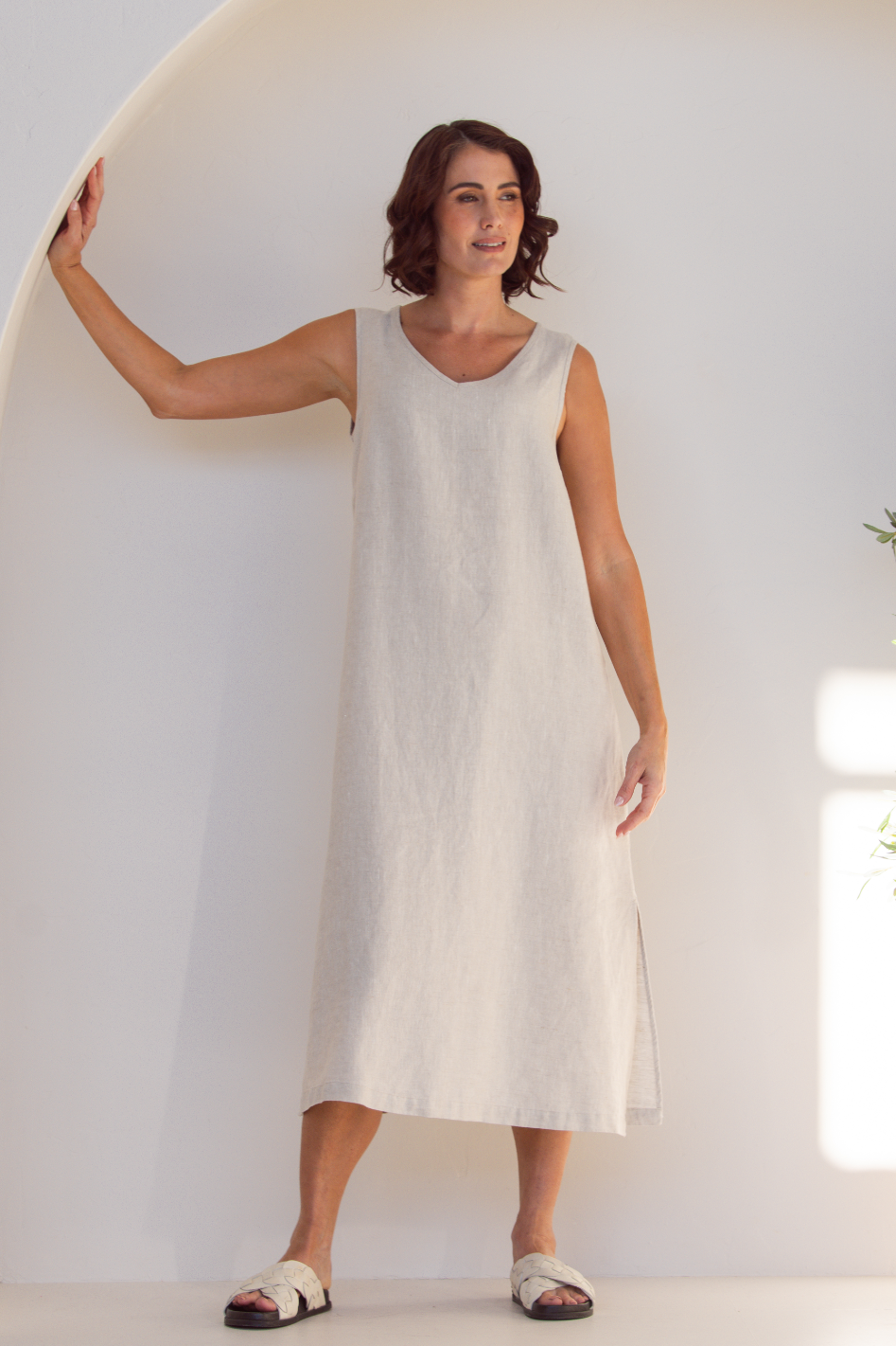 See Saw Linen Sleeveless Dress with Side Splits 