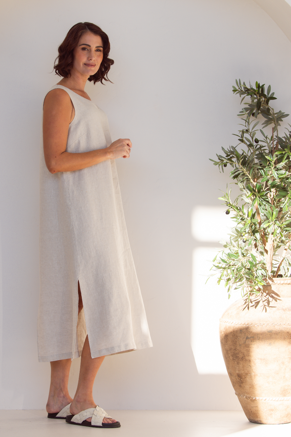 See Saw Linen Sleeveless Dress with Side Splits 