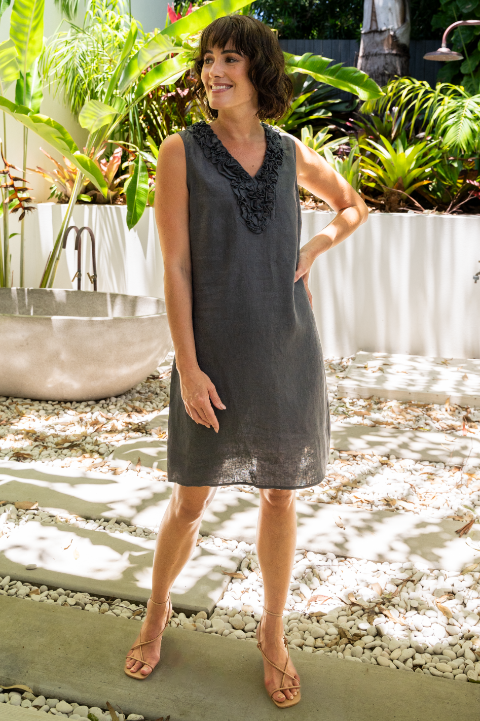 See Saw Linen Sleeveless Ruffle Front Dress | Charcoal | 340