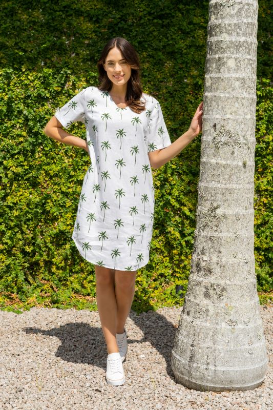 See Saw Linen Soft V Neck Dress in Paradise Palm Print