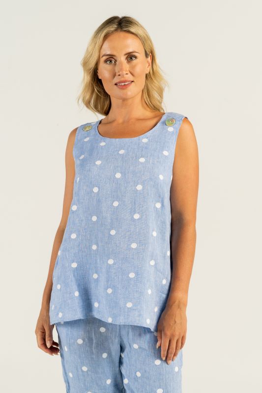 See Saw Luxe Linen Spot Button Detail Tank in Chambray