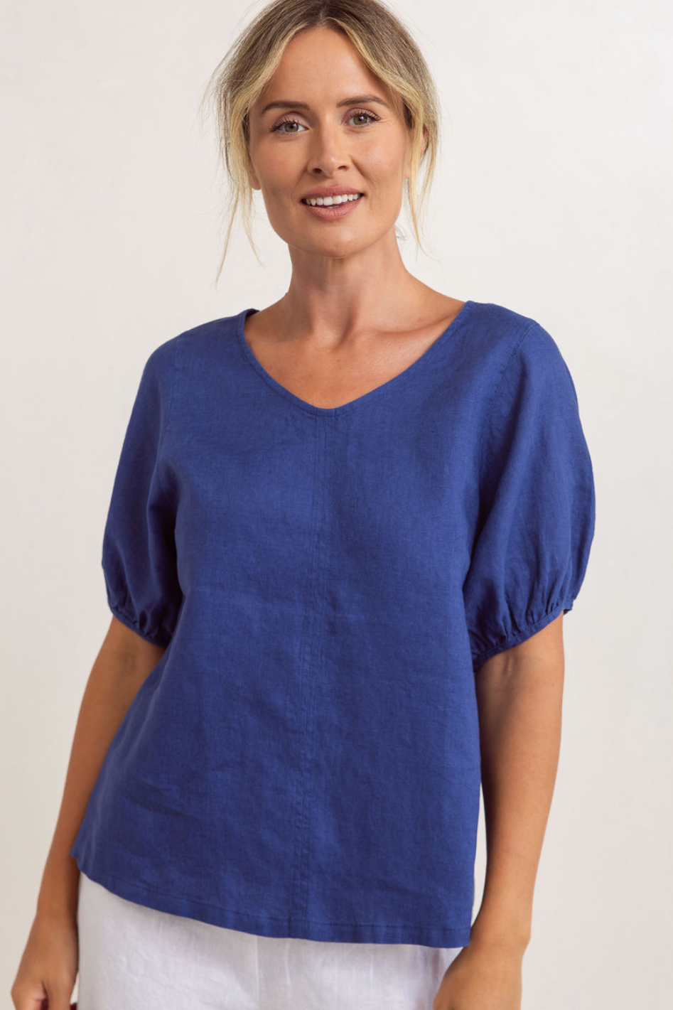 See Saw Linen V Neck Swing Top in Denim