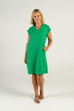 Load image into Gallery viewer, See Saw Linen V Neck Cuff Sleeve Dress in Emerald
