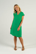 Load image into Gallery viewer, See Saw Linen V Neck Cuff Sleeve Dress in Emerald
