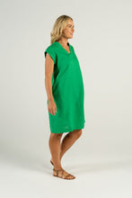 Load image into Gallery viewer, See Saw Linen V Neck Cuff Sleeve Dress in Emerald Side Image
