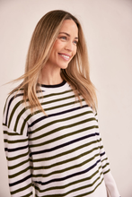 Load image into Gallery viewer, See Saw Luxe Merino Crew Neck Stripe Sweater | Cream/Khaki/Navy
