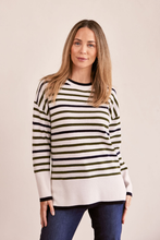 Load image into Gallery viewer, See Saw Luxe Merino Crew Neck Stripe Sweater | Cream/Khaki/Navy
