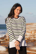 Load image into Gallery viewer, See Saw Luxe Merino Crew Neck Stripe Sweater | Cream/Khaki/Navy
