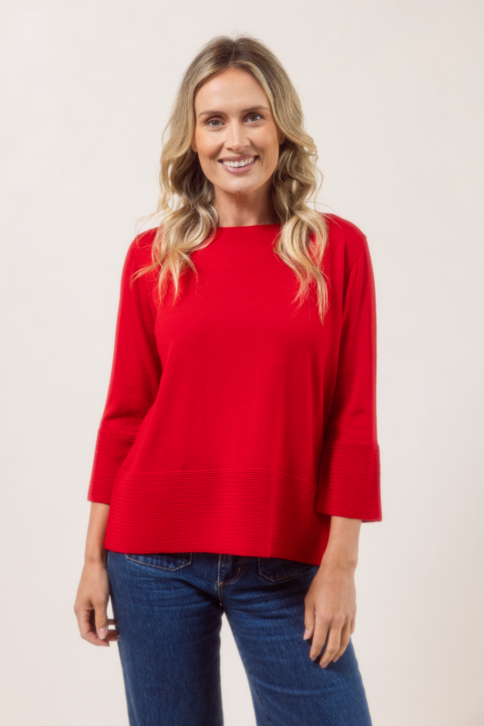 See Saw Merino 7/8 Sleeve Rib Detail Sweater | Red | 749