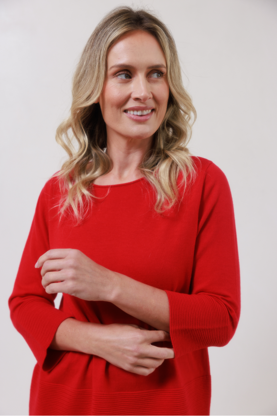 See Saw Merino 7/8 Sleeve Rib Detail Sweater | Red | 749