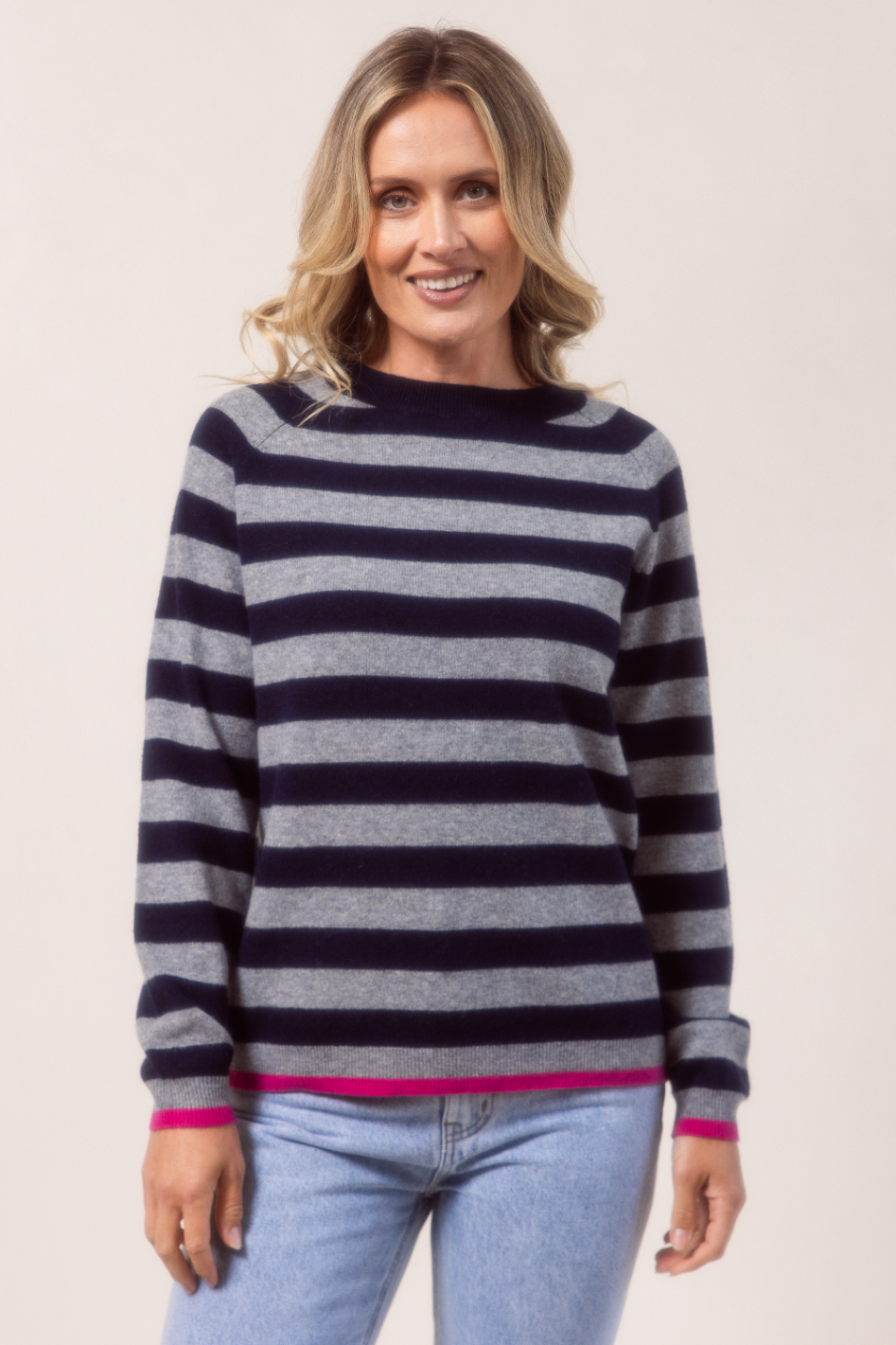 See Saw Merino Wool (Cashfeel) Crew Neck Stripe Sweater | Navy/Grey Pink Tips | 651