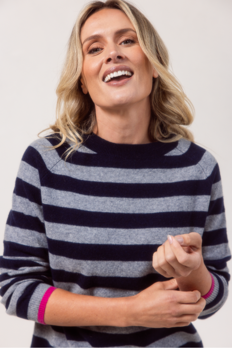 See Saw Merino Wool (Cashfeel) Crew Neck Stripe Sweater | Navy/Grey Pink Tips | 651