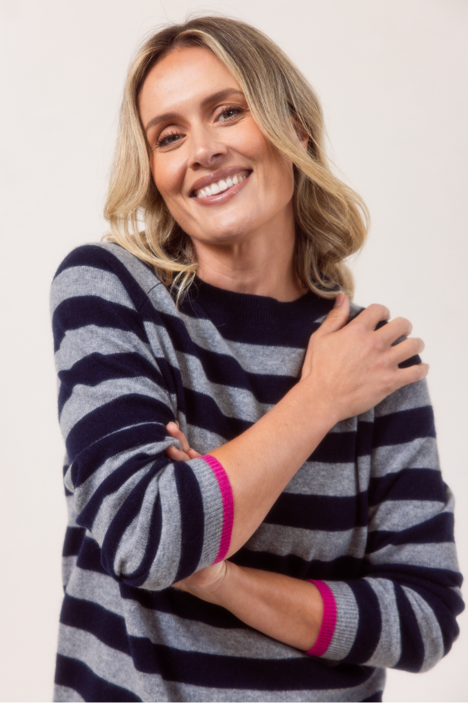 See Saw Merino Wool (Cashfeel) Crew Neck Stripe Sweater | Navy/Grey Pink Tips | 651