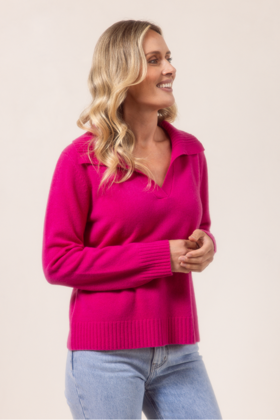 See Saw Merino Wool (Cashfeel) Rib Collar Sweater | Pink | 642