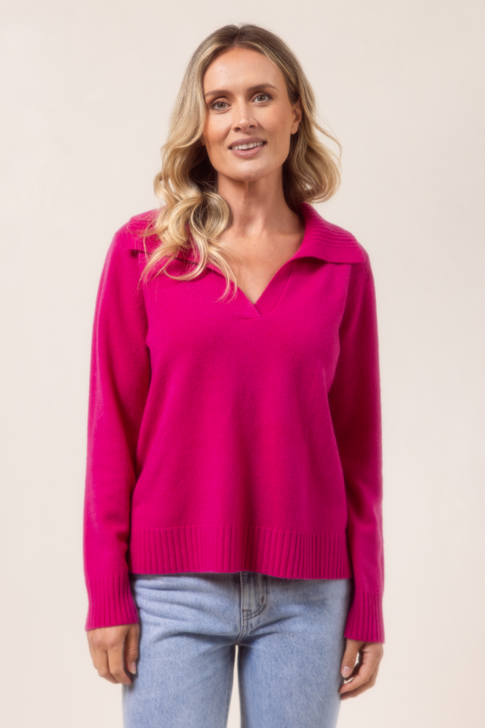 See Saw Merino Wool (Cashfeel) Rib Collar Sweater | Pink | 642