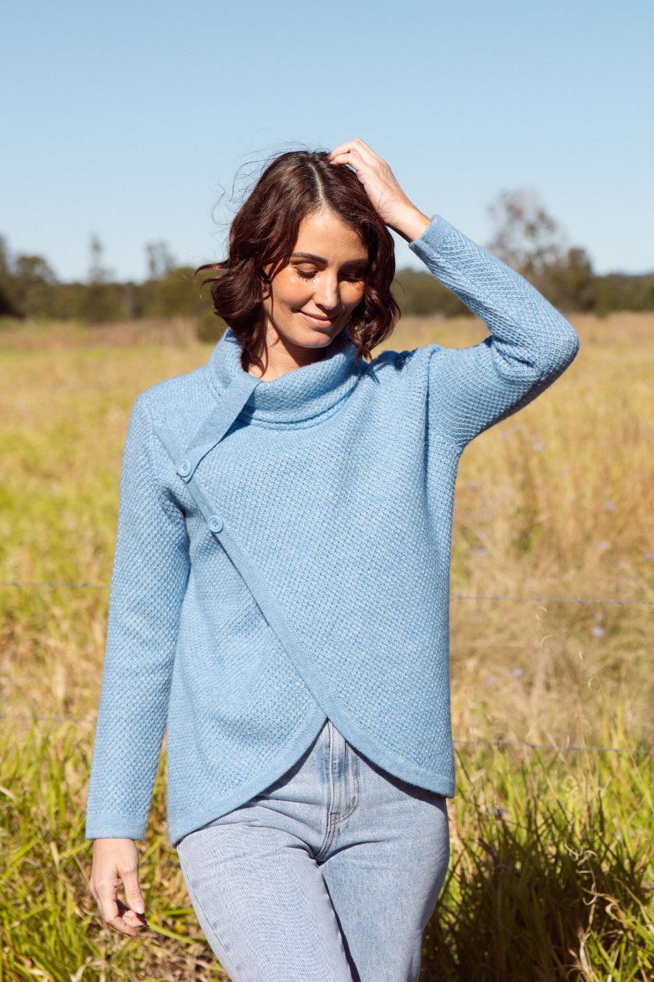 See Saw Moss Stitch Cowl Neck Sweater in Powder Blue