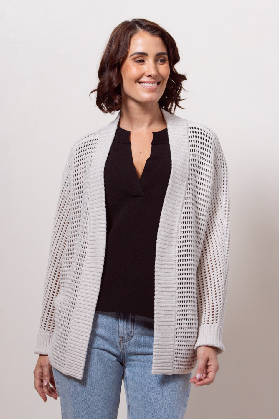 See Saw Open Stitch Shrug in Stone