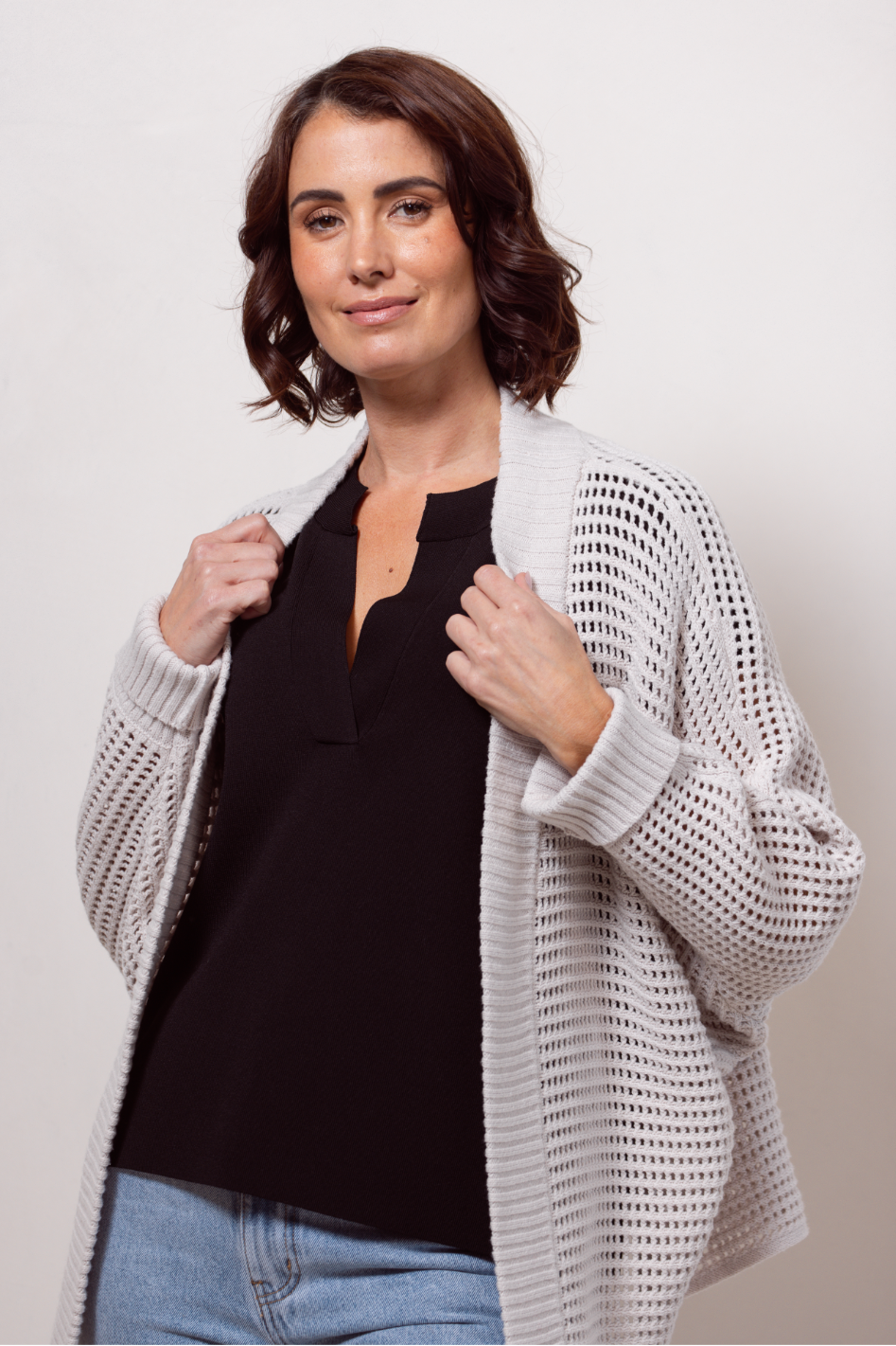 See Saw Open Stitch Shrug in Stone