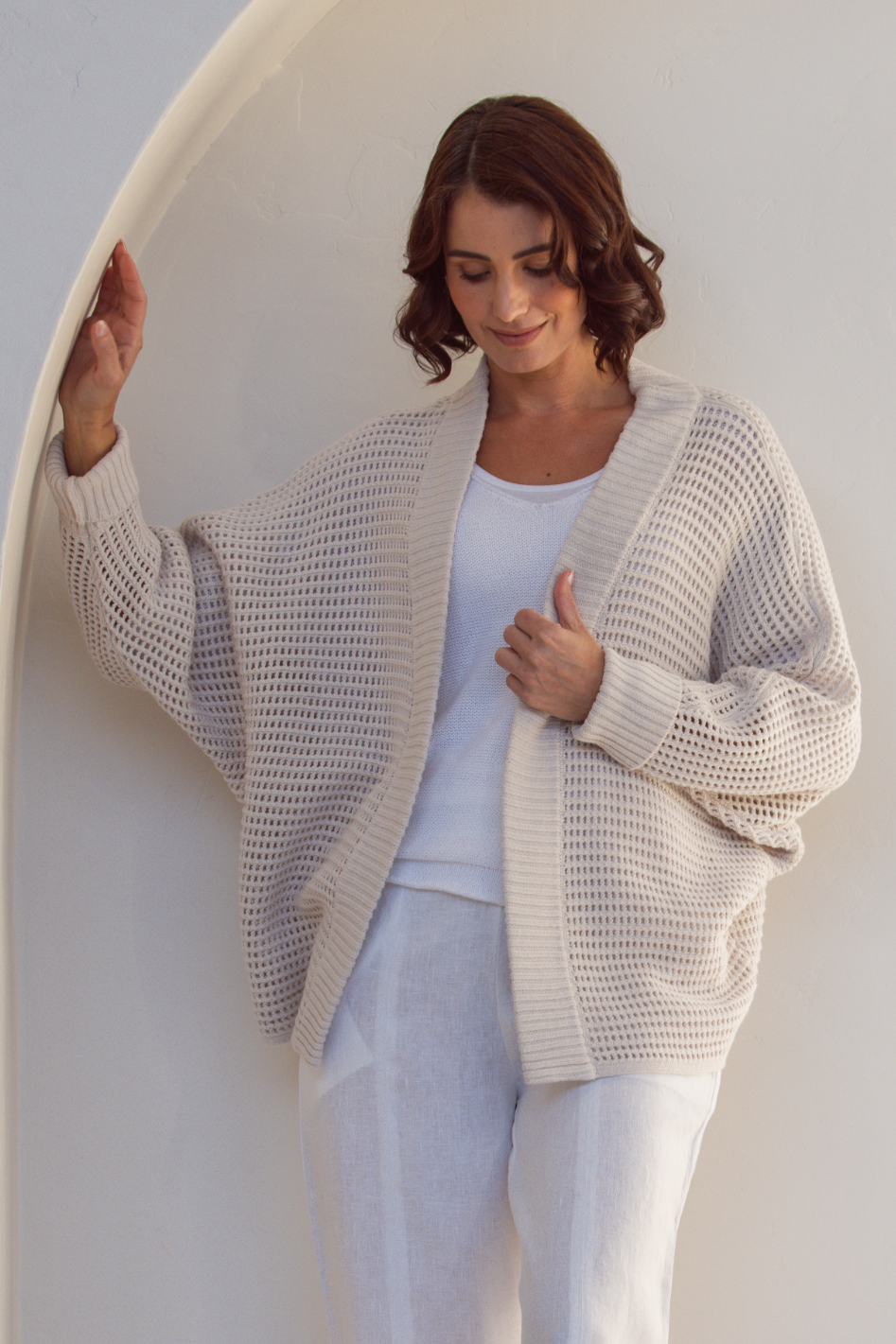 See Saw Open Stitch Shrug in Stone