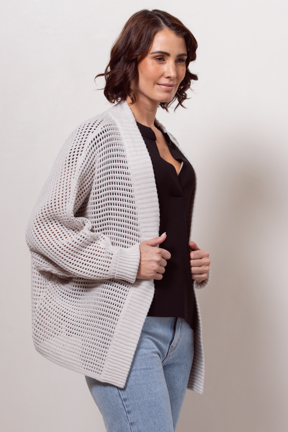 See Saw Open Stitch Shrug in Stone