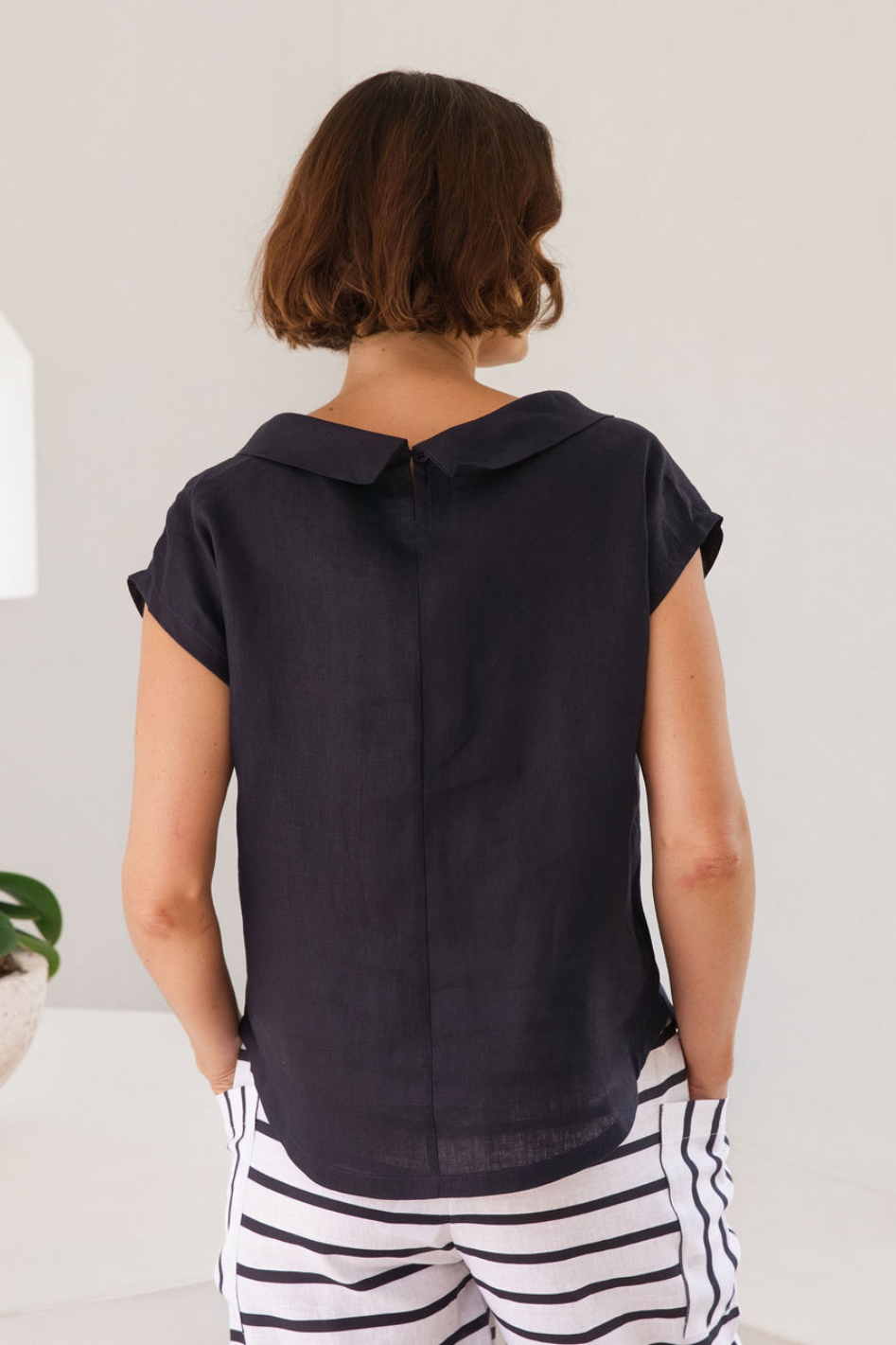 See Saw Pleat Front Linen Cowl Neck Top in Navy
