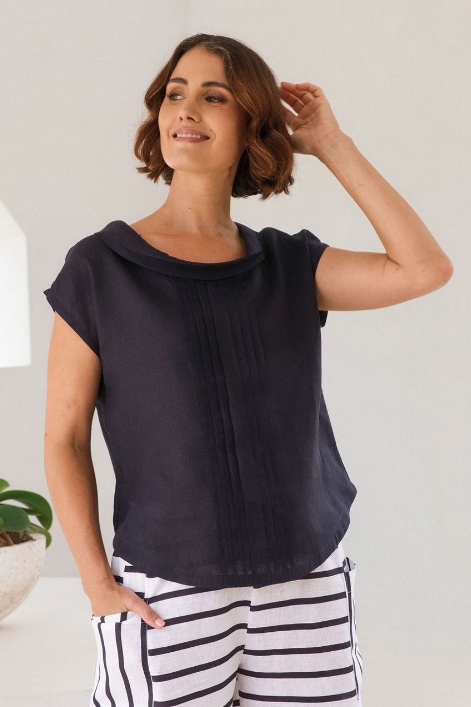 See Saw Pleat Front Linen Cowl Neck Top in Navy