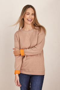 See Saw Cotton/Cashmere Sweater in Biscuit with Tango Trim
