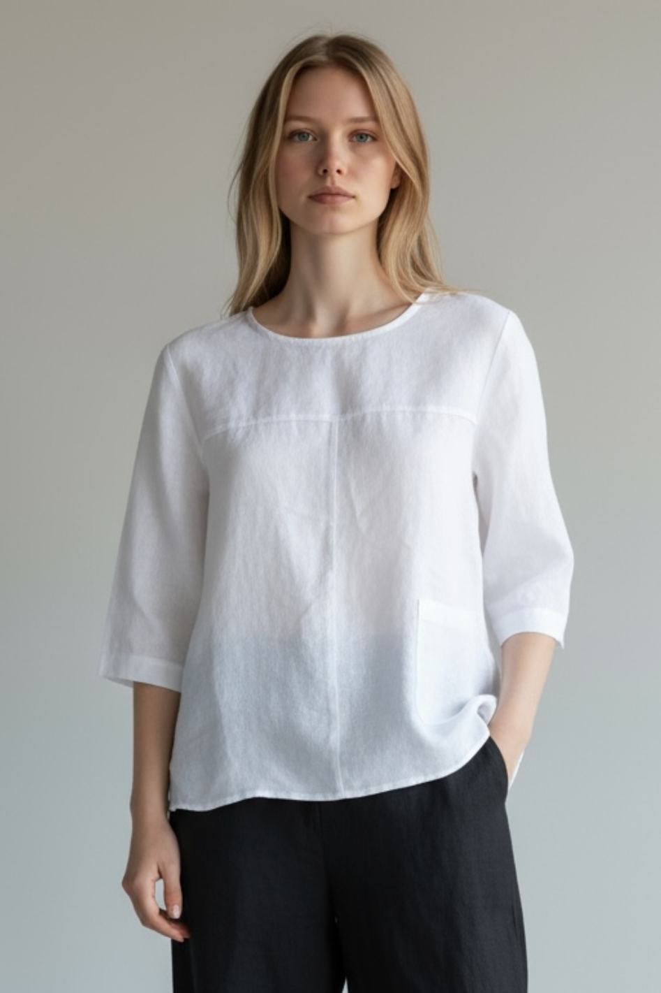 See Saw Linen 3/4 Sleeve Seam Detail Top in White 