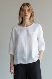 See Saw Linen 3/4 Sleeve Seam Detail Top | White | 327