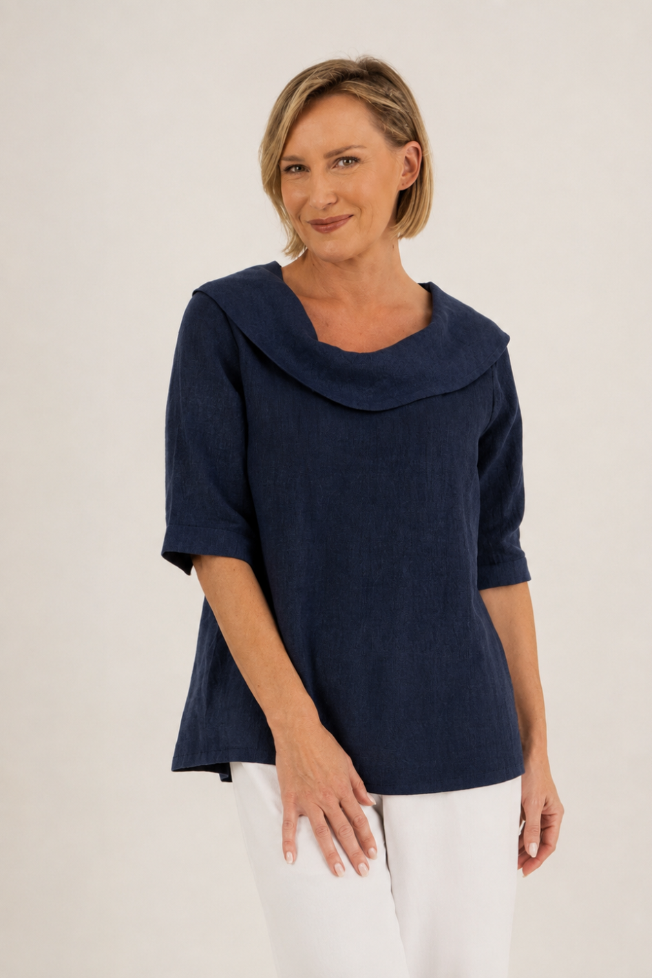 See Saw Short Sleeve Linen Cowl Neck Top in Navy