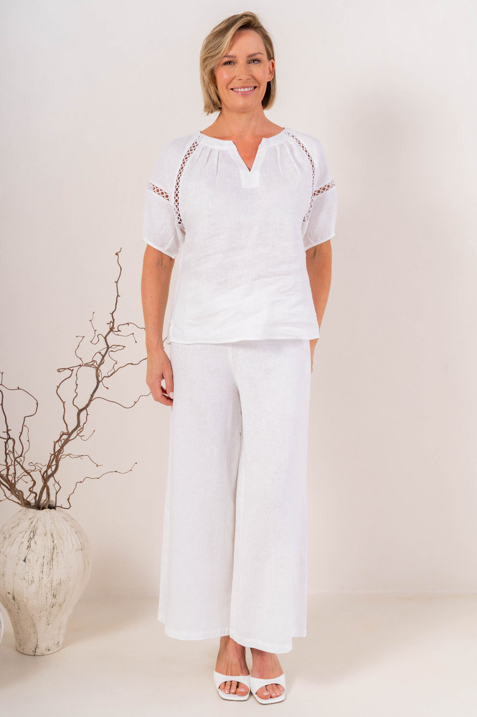 See Saw Short Sleeve Linen Lace Trim Top in White