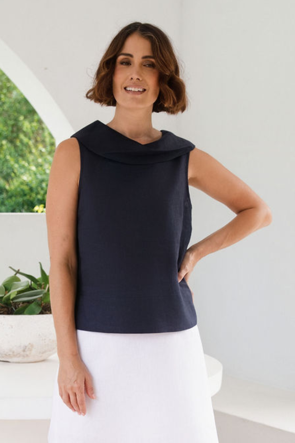 See Saw Sleeveless Linen Button Back Top in Navy