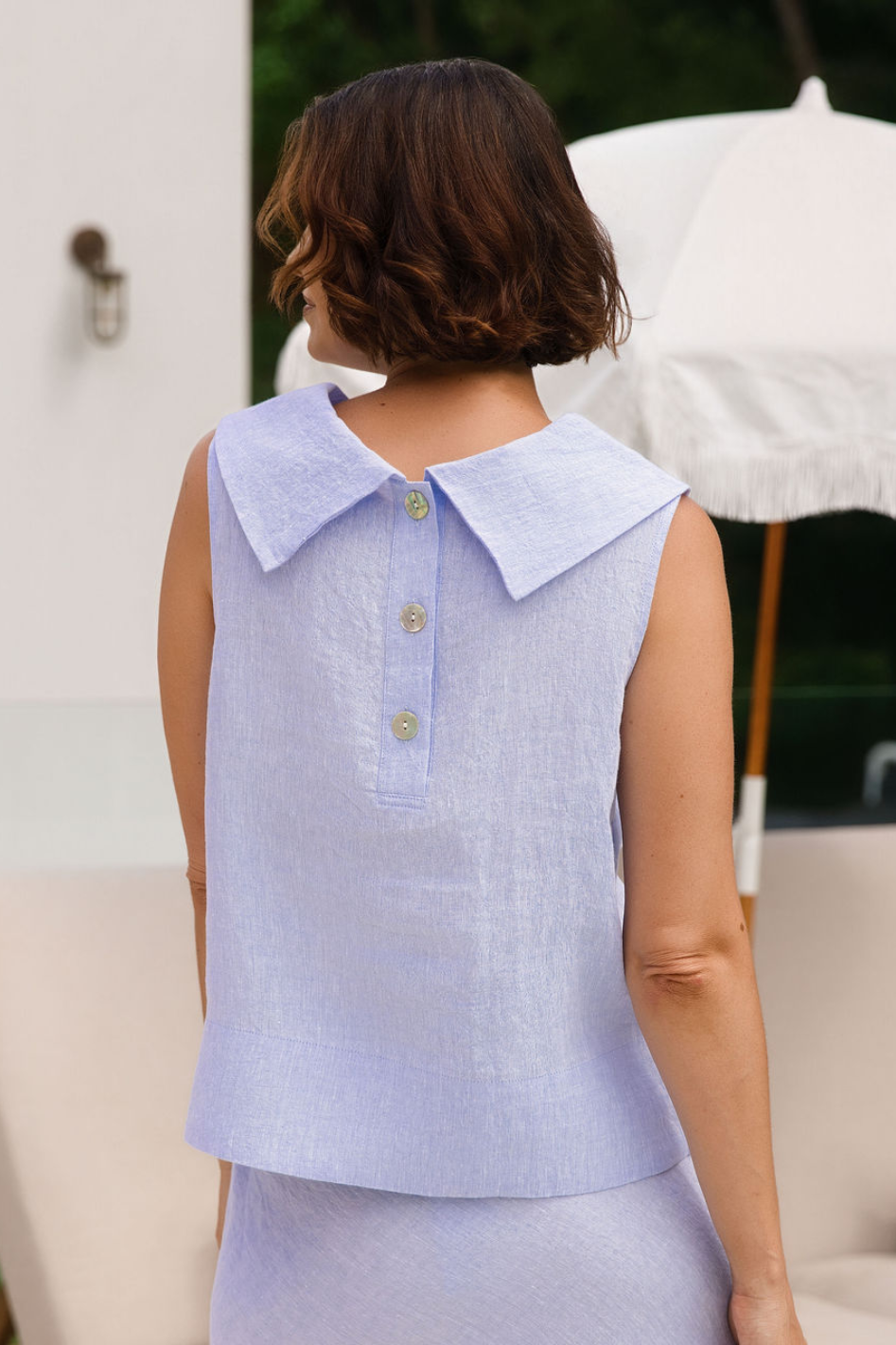 See Saw Sleeveless Linen Button Back Top in Sky Blue
