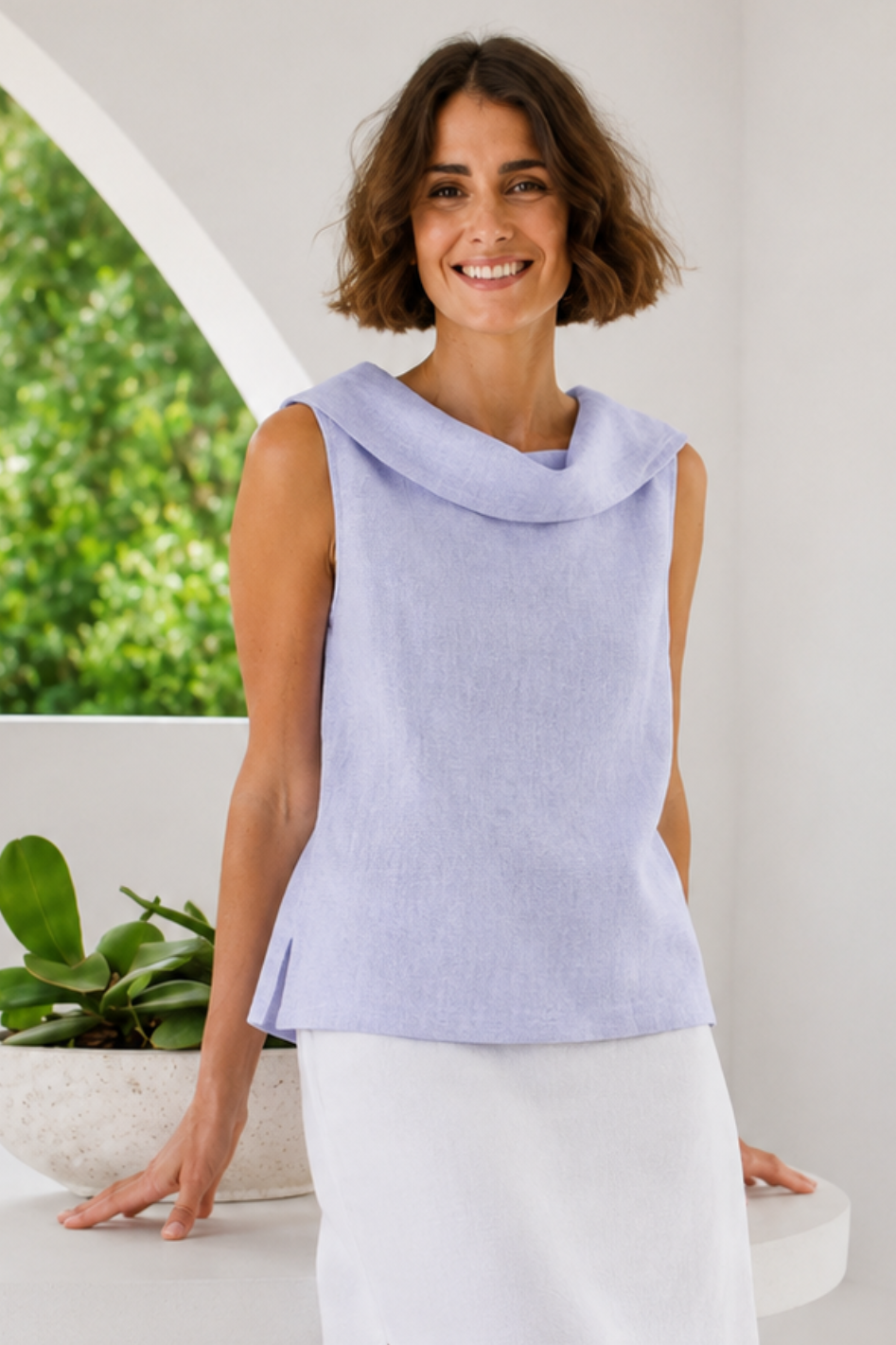 See Saw Sleeveless Linen Button Back Top in Sky Blue