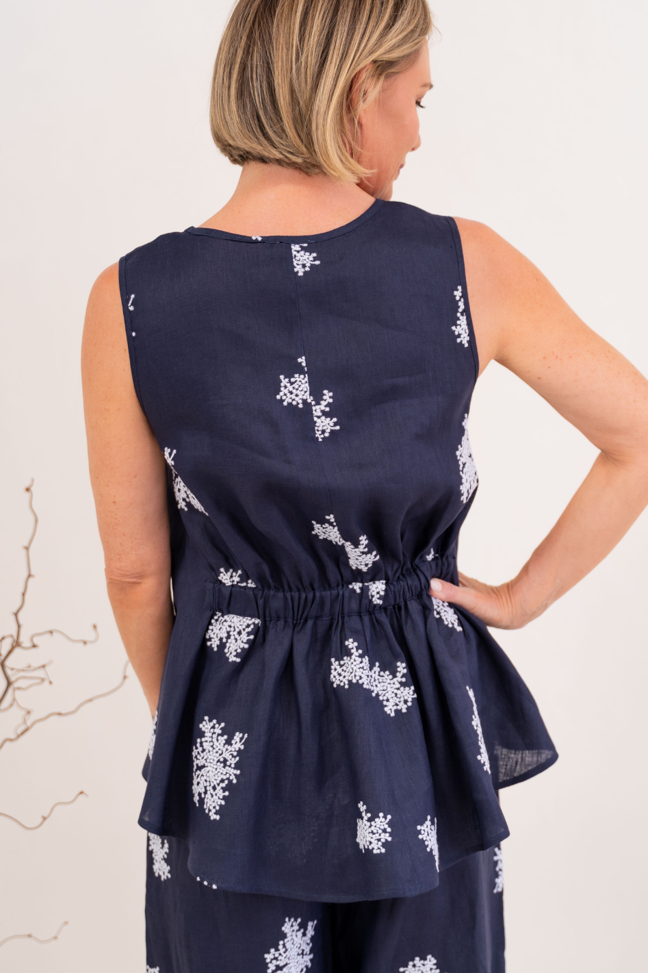 See Saw Sleeveless Swing Top in Navy and White Blossom Print