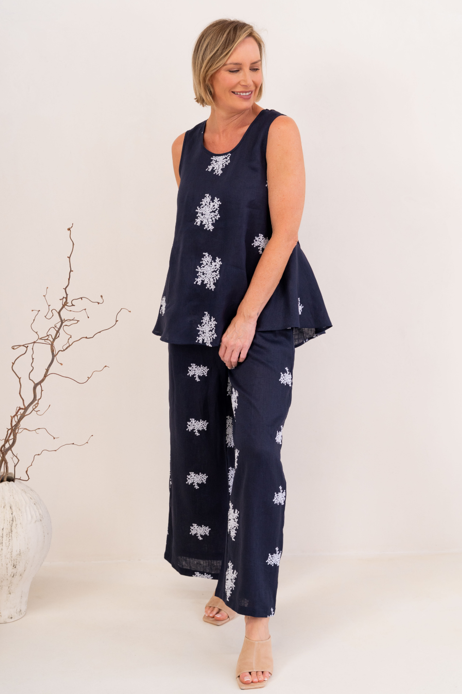 See Saw Sleeveless Swing Top in Navy and White Blossom Print