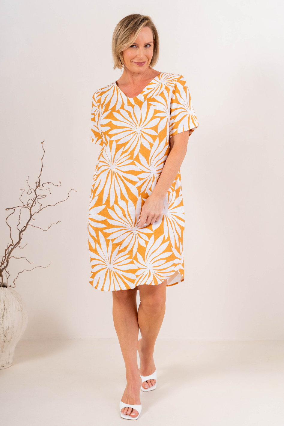 See Saw Soft V Neck Linen Dress in Summer Days Print