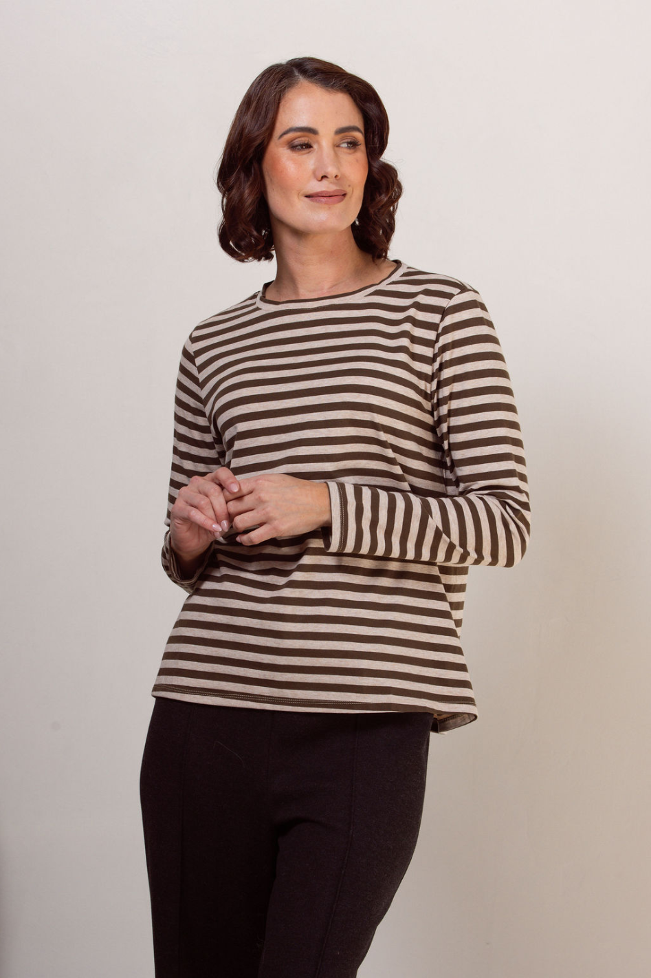 See Saw Stripe Long Sleeve Top in Khaki Marle