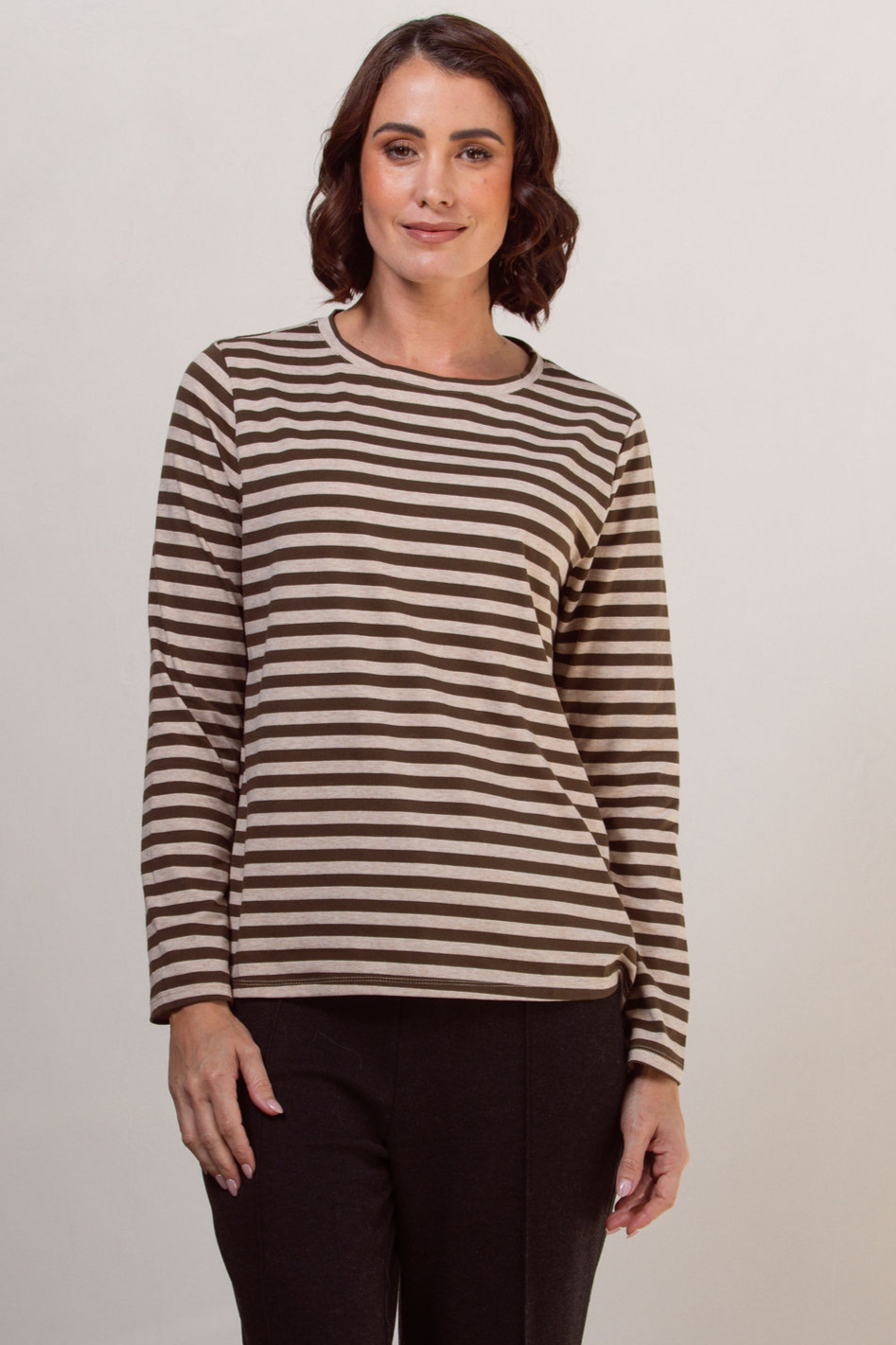 See Saw Stripe Long Sleeve Top in Khaki Marle