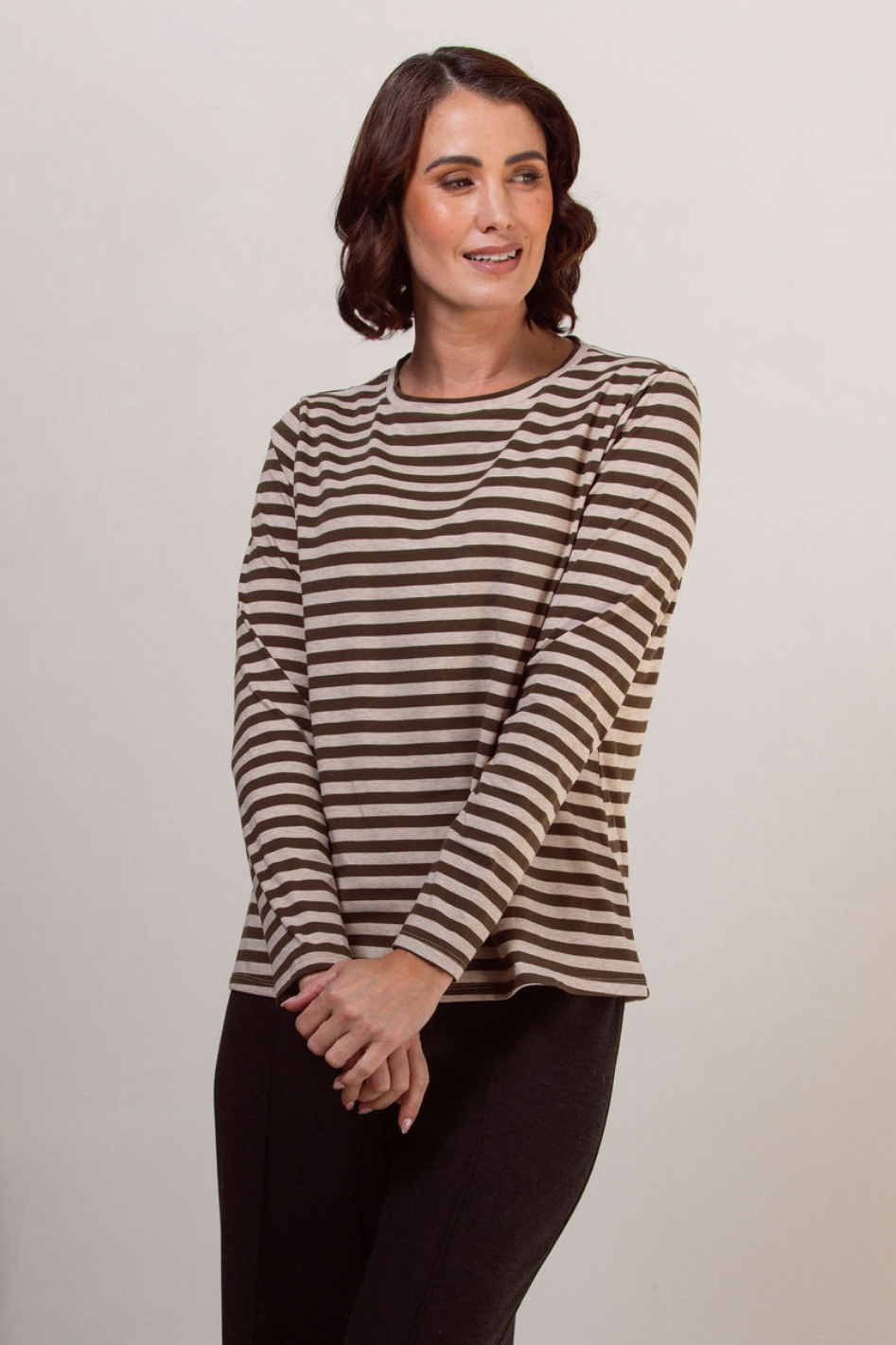 See Saw Stripe Long Sleeve Top in Khaki Marle