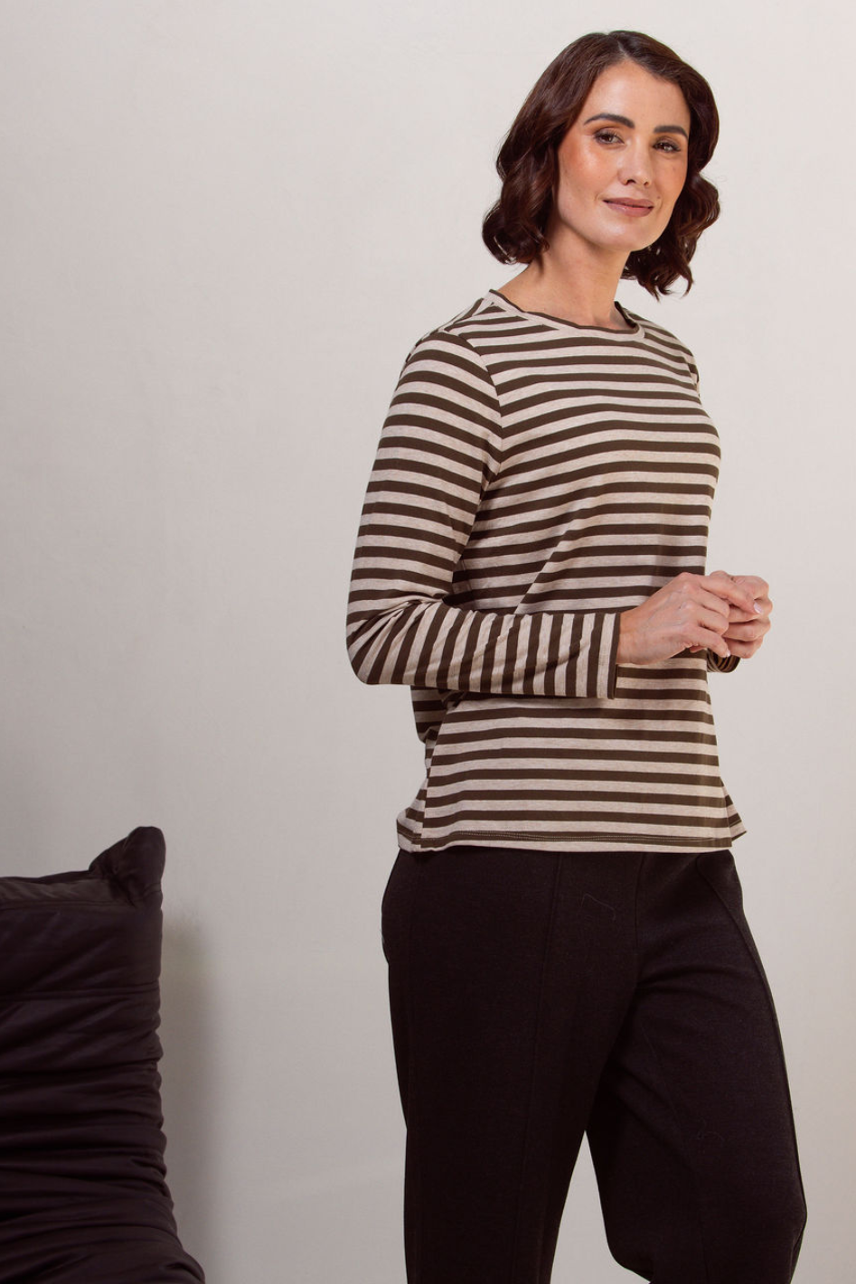 See Saw Stripe Long Sleeve Top in Khaki Marle