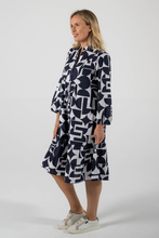 Load image into Gallery viewer, See Saw Cotton Tier Hem Dress in Navy and White Geo Print
