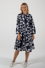 Load image into Gallery viewer, See Saw Cotton Tier Hem Dress in Navy and White Geo Print
