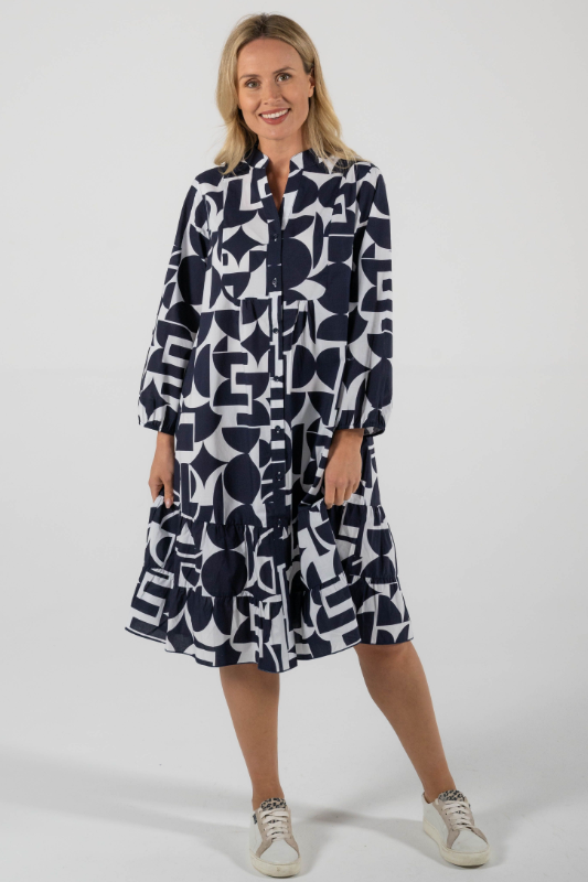 See Saw Cotton Tier Hem Dress in Navy and White Geo Print