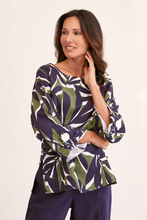 Load image into Gallery viewer, See Saw 3/4 Sleeve Top w Feature Button | Navy/Khaki Leaf
